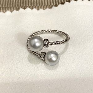 Akoya Pearl Blue Gray Cable Ring S925 Silver Rhinestone